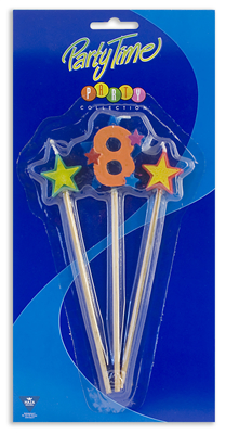 Свечи на палочках, цифра 8, со звездочками, 3 шт, высота 18 см, в блистерной упаковке